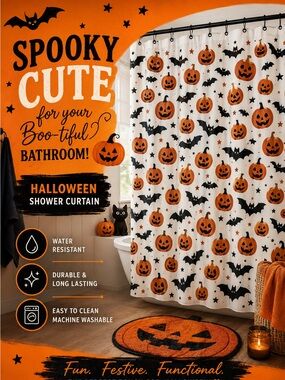 Halloween Shower Curtain 🎃🦇 Pumpkin Bat